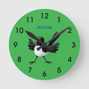 Australian Willie Wagtail cartoon  Round Clock