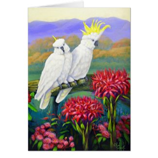 Australiana 3 cockatoos gymea lily card