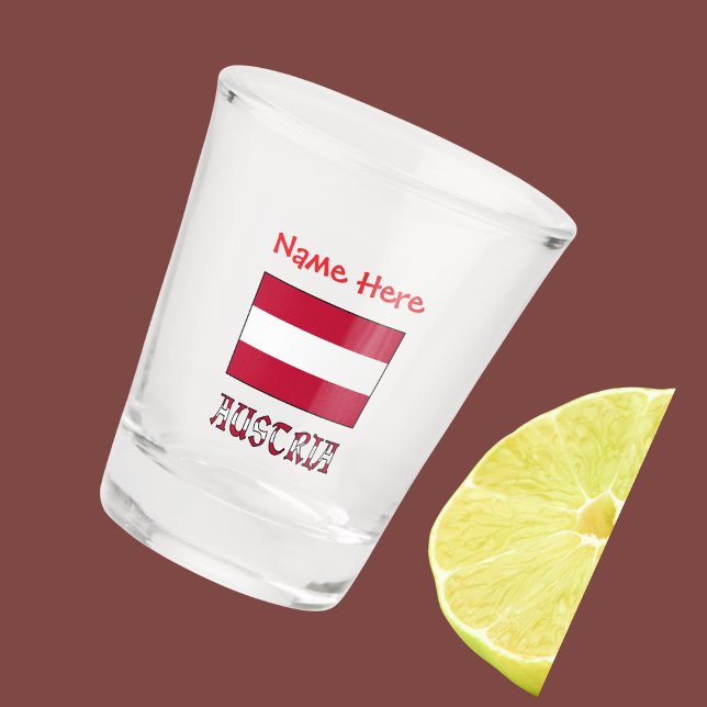 Austria Austrian Flag Red Personalised Shot Glass (Shot glass with Austrian flag and the word AUSTRIA below in flag colors. Add name above in red text )