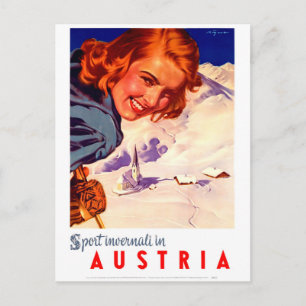 Austria, happy woman on ski, vintage travel postcard
