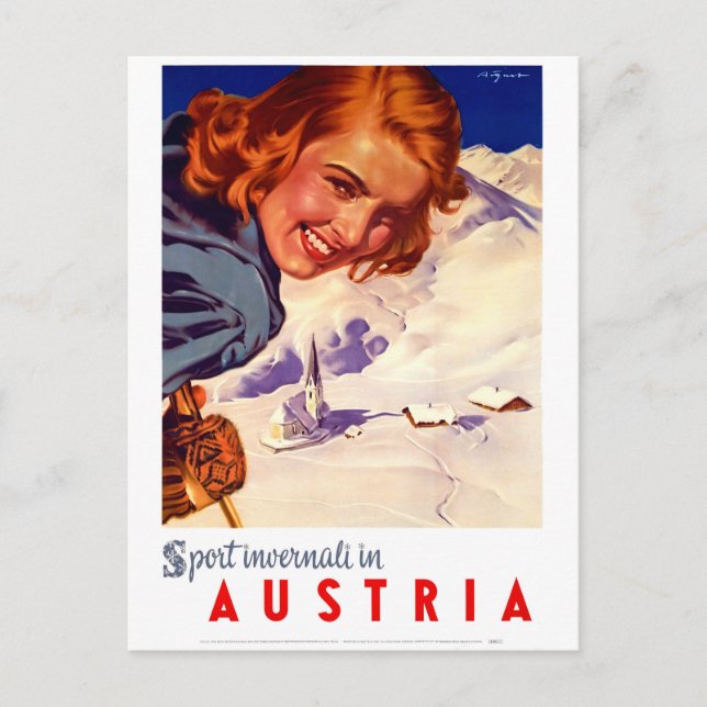 Austria, happy woman on ski, vintage travel postcard (Front)