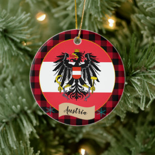 Austria, Red buffalo plaid & Austrian Flag Ceramic Ornament