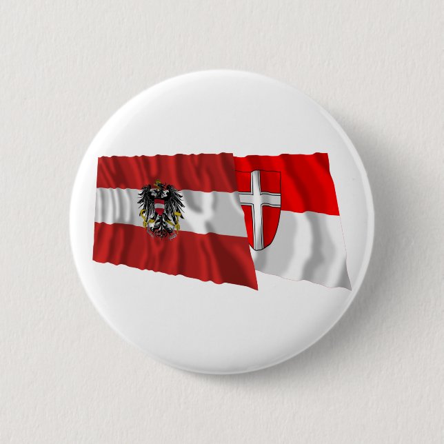 Austria & Wien Waving Flags 6 Cm Round Badge (Front)