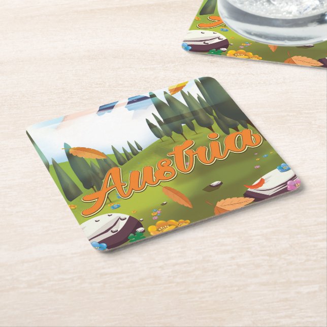 Austrian cartoon travel poster square paper coaster (Angled)