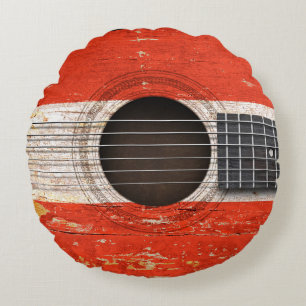 Austrian Flag on Old Acoustic Guitar Round Cushion