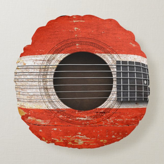Austrian Flag on Old Acoustic Guitar Round Cushion (Front)