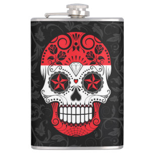 Austrian Flag Sugar Skull with Roses Hip Flask