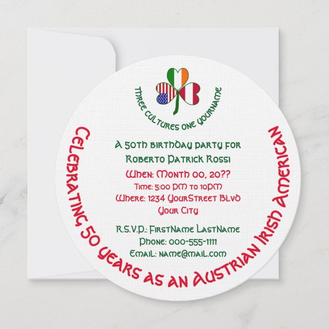 Austrian Irish USA Shamrock Personalised Birthday  Invitation (Front)