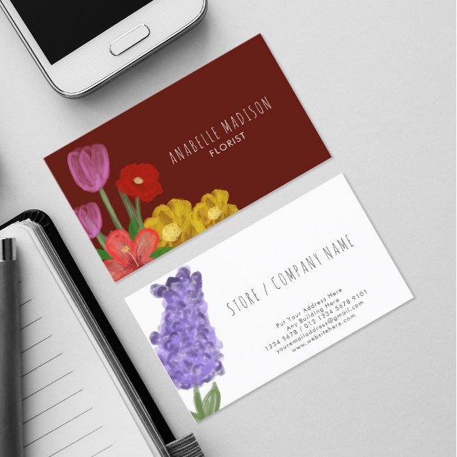 Authentic Hand Drawn Water Coloured Flowers Maroon Business Card (Creator Uploaded)