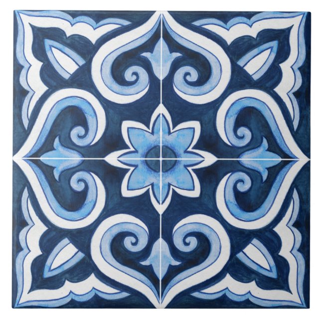 Authentic Handmade Moroccan blue & white Ceramic Tile (Front)