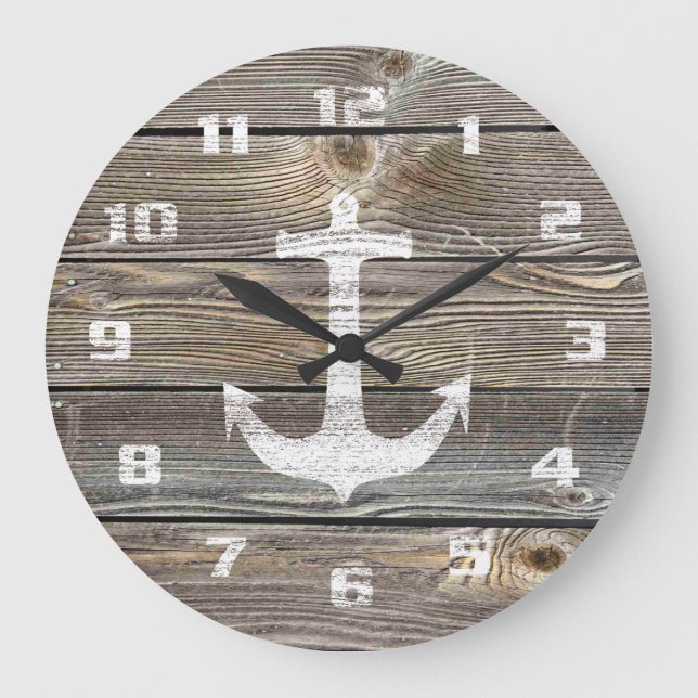 Authentic looking Wood Rustic Anchor nautical Large Clock (Front)