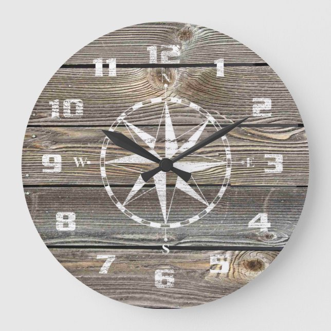 Authentic looking Wood Rustic Nautical Compass Large Clock (Front)