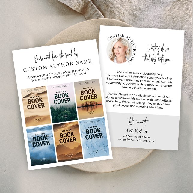 Author Book Series Marketing Custom Photo Collage Business Card (Minimalist author bibliography marketing business cards with 6 custom book covers and profile photo)