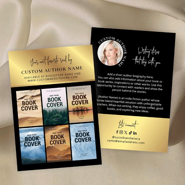 Author Book Series Photo Collage Black & Gold Business Card (Faux gold author bibliography marketing business cards with 6 custom book covers and profile photo)