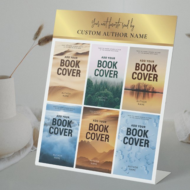 Author Book Series Photo Collage White & Gold Pedestal Sign (Creator Uploaded)