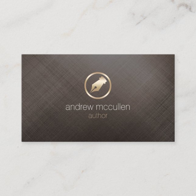 Author Gold Pen NIb Icon Brushed Metal Publishing Business Card (Front)