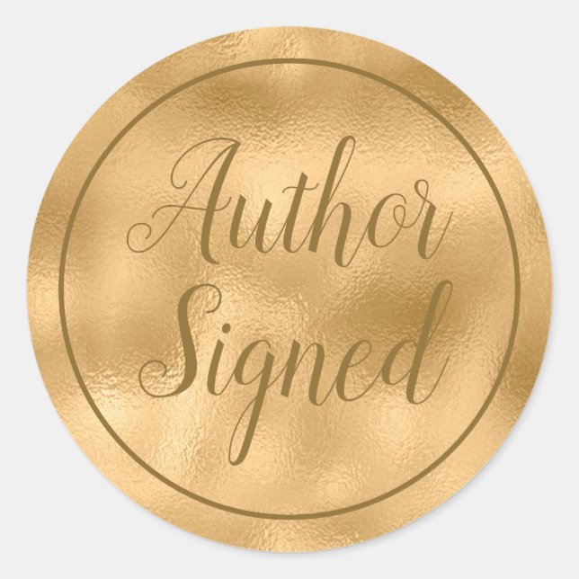 Author Signed Elegant Script Gold Classic Round Sticker (Front)