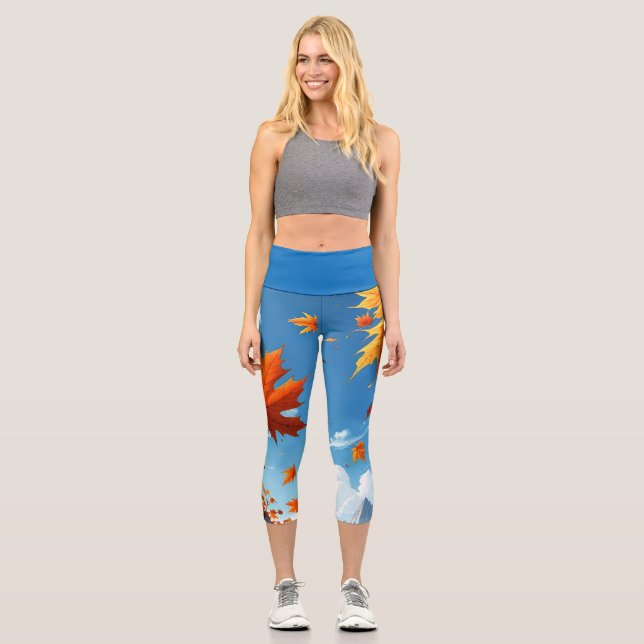 Authumn leaves blue capri leggings (Front)