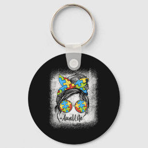 Autie Aunt Life Autism Awareness Messy Bun Bleache Key Ring