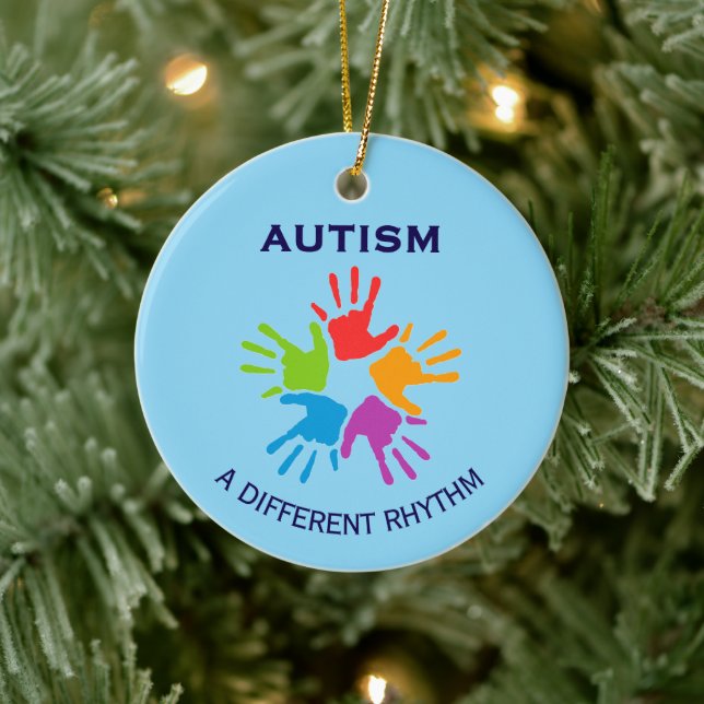 Autism A Different Rhythm Handprint Christmas Ceramic Ornament (Tree)