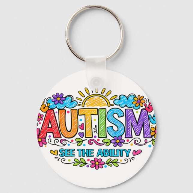 Autism Ability Love Rainbow Handprints Sun Cloud Key Ring (Front)