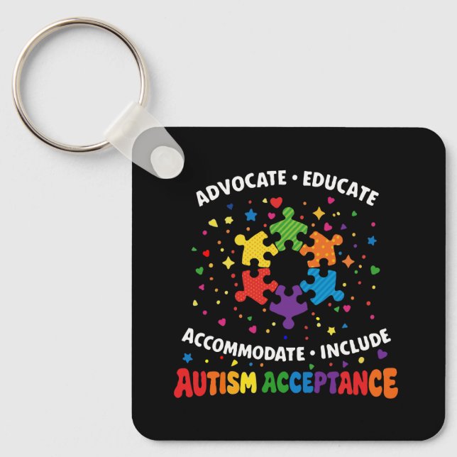 Autism Acceptance Advocate Educate Rainbow Puzzle  Key Ring (Front)
