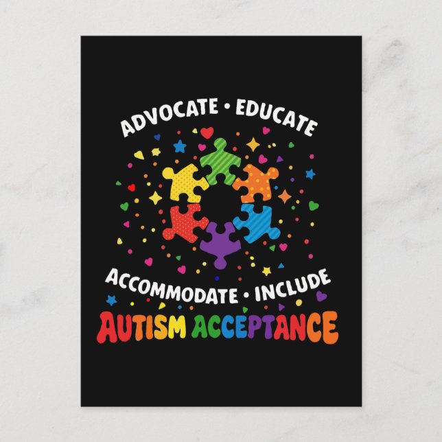 Autism Acceptance Advocate Educate Rainbow Puzzle  Postcard (Front)