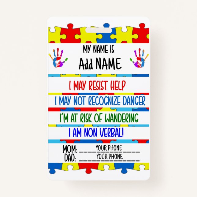Autism Alert Nonverbal Autistic Contact Badge ID Badge (Front)