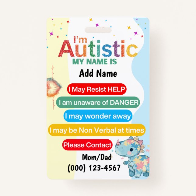 Autism Alert Nonverbal Autistic Contact Badge ID Badge (Front)