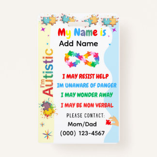 Autism Alert Nonverbal Autistic Contact Badge ID Badge