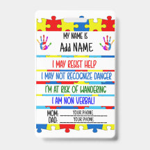 Autism Alert Nonverbal Autistic Contact Badge