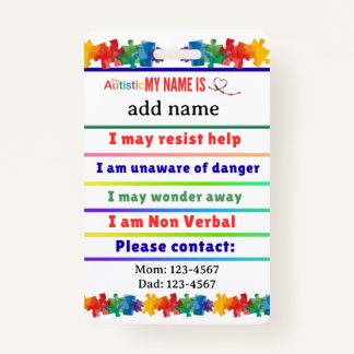 Autism Alert Nonverbal Autistic Contact  ID Badge