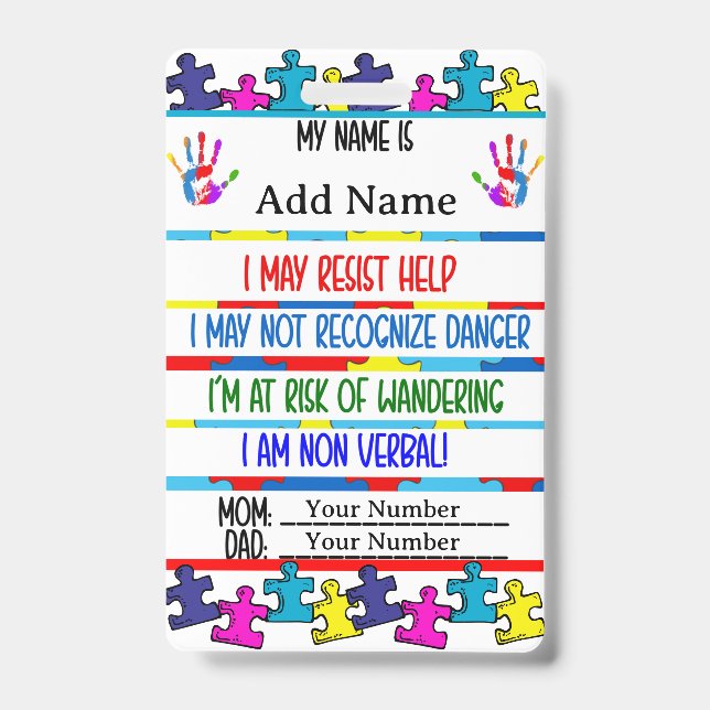 Autism Alert Nonverbal Autistic Contact  ID Badge (Front)