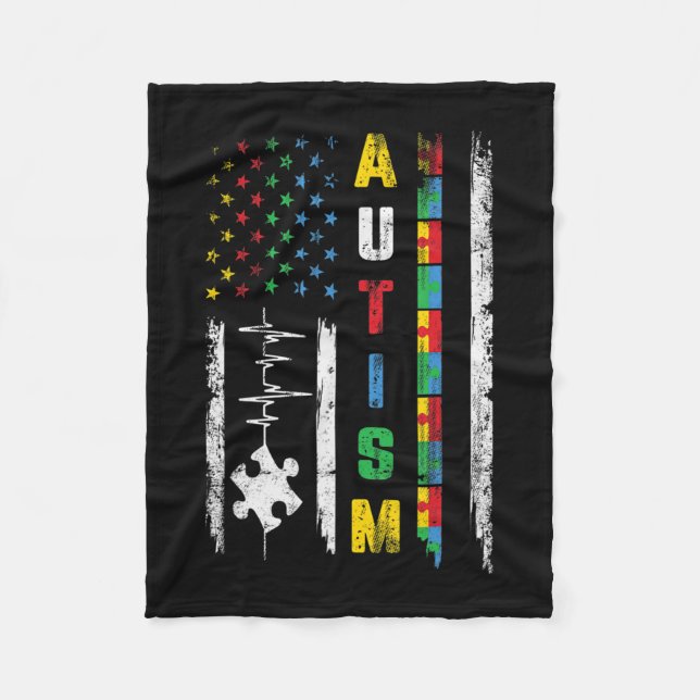 Autism American Flag Puzzle Autism Awareness Men W Fleece Blanket (Front)