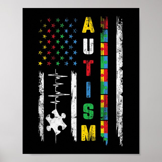 Autism American Flag Puzzle Autism Awareness Men W Poster (Front)