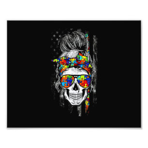 Autism American Flag Skull Messy Bun Autism Parent Photo Print