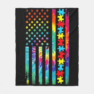Autism American Flag Tee Tie Dye Autism Awareness Fleece Blanket