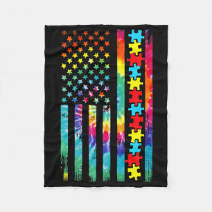 Autism American Flag Tie Dye Autism Awareness For  Fleece Blanket