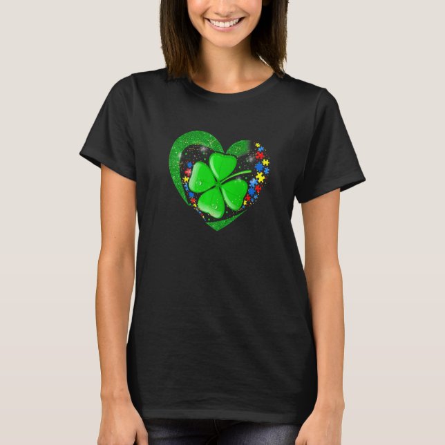 Autism Awarenes Heart Shamrock St Patricks Day Puz T-Shirt (Front)