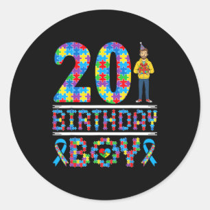 Autism Awareness 20th Birthday Boy Puzzle Piece 20 Classic Round Sticker
