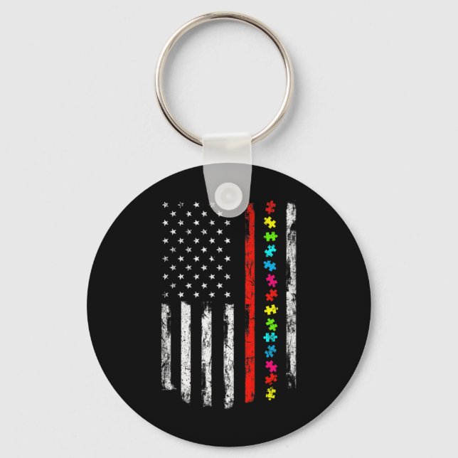 Autism Awareness 4th July Thin Red Line Firefighte Key Ring (Front)