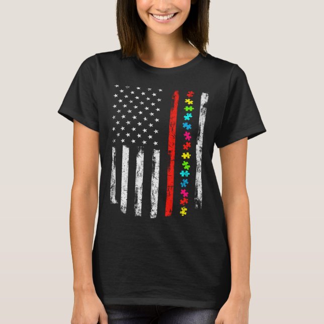 Autism Awareness 4th July Thin Red Line Firefighte T-Shirt (Front)