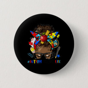 Autism Awareness Afro Messy Bun Melanin Black Auti 6 Cm Round Badge