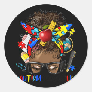 Autism Awareness Afro Messy Bun Melanin Black Auti Classic Round Sticker