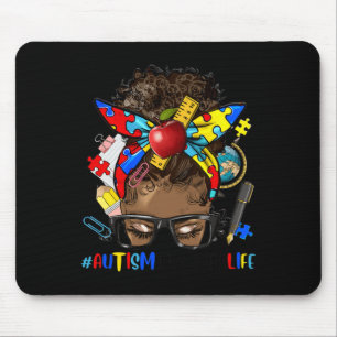 Autism Awareness Afro Messy Bun Melanin Black Auti Mouse Pad