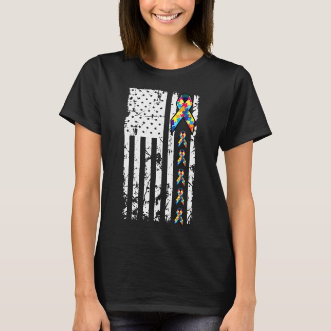 Autism Awareness American Flag Distressed Tee (Front)