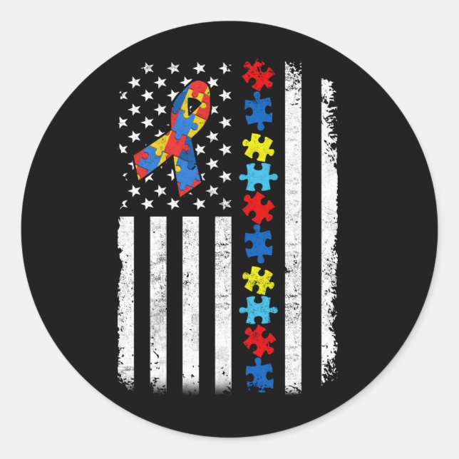 Autism Awareness American Flag Puzzle Line Ribbon  Classic Round Sticker (Front)