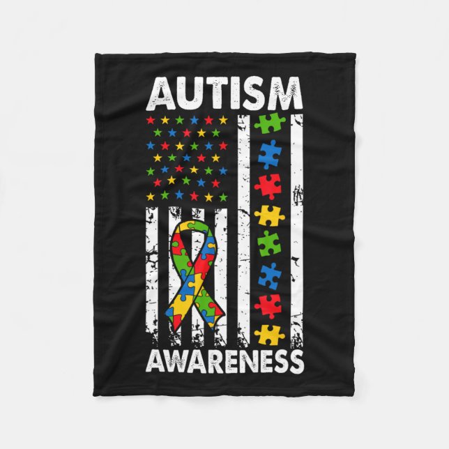 Autism Awareness American Flag Puzzle Ribbon Dad M Fleece Blanket (Front)