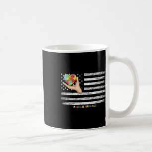 Autism Awareness American Flag Usa Hand With A Hea Coffee Mug