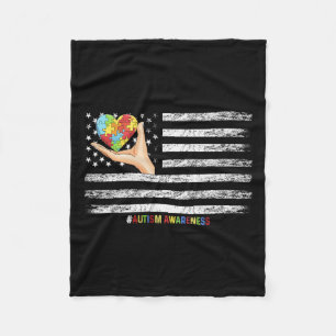 Autism Awareness American Flag Usa Hand With A Hea Fleece Blanket
